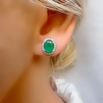 Genuine Natural Emerald Halo Oval Silver Stud Earrings