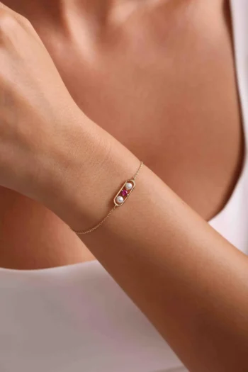 14K Solid Gold Dainty Double Pearl Bracelet with Red Stone