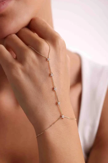 14K Solid Gold Flower Hand Chain Bracelet – Dainty Finger Bracelet