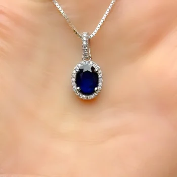 Genuine Blue Sapphire Oval Silver Pendant Necklace