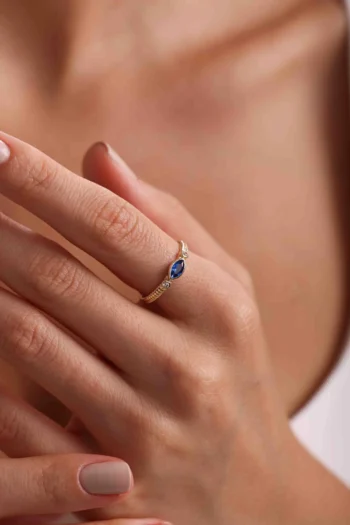14K Solid Gold Marquise Blue Sapphire Ring – Minimalist Gemstone Ring