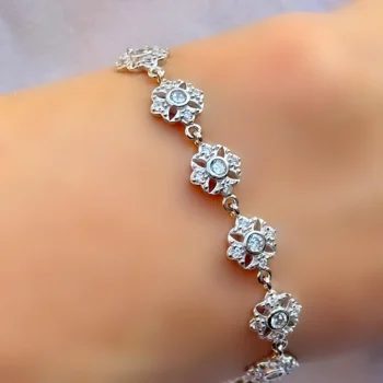 Genuine White Topaz Floral Silver Tennis Bracelet