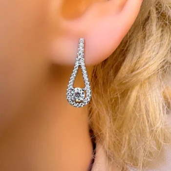 Genuine White Topaz Cut Out Stretched Pear Halo Silver Long Stud Earrings