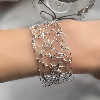 Handcrafted Sterling Silver Wired Mosaic Wide Cuff Bangle Bracelet