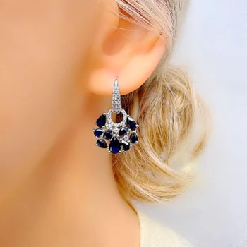 Genuine Sapphire Teardrop Cut Cluster Fan Shape Dangle Drop Silver Earrings