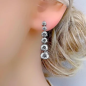 Genuine White Topaz Graduated 5 Round Dangle Drop Silver Earrings