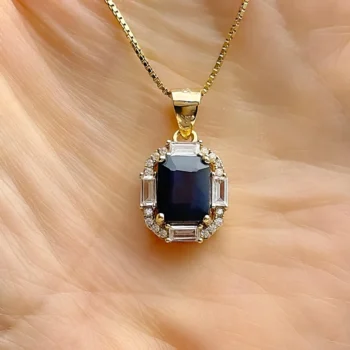 Genuine Sapphire Square Cut Octagon Gold Vermeil on Silver Pendant Necklace