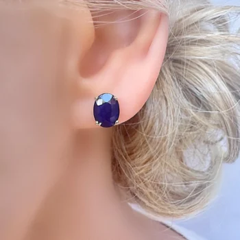 Genuine Blue Sapphire Oval Solitaire 6 × 8 mm Gold Vermeil Silver Stud Earrings