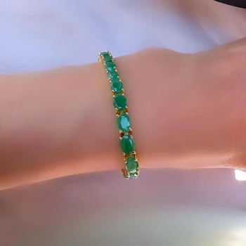 Natural Emerald Oval Tennis Gold Vermeil Silver Bracelet