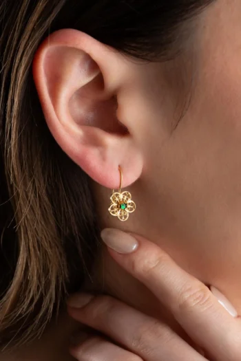 14K Solid Gold Green Stone Daisy Earrings