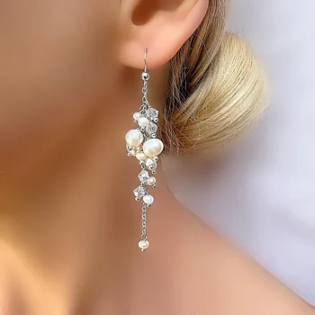 Natural Freshwater Enchanting Pearl and Crystal Cascading Silver Dangle Drop Earrings