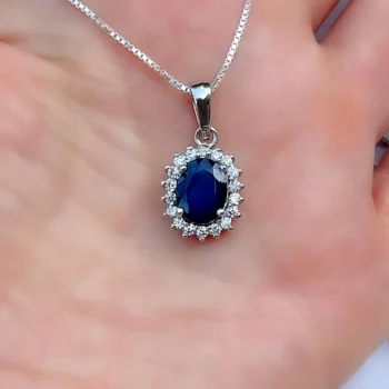 Genuine Sapphire Lady Diana Style Silver Pendant Necklace