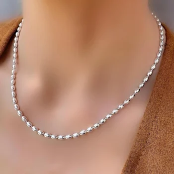 Sterling Silver 925 Seed Shaped Beaded Necklace