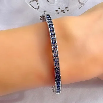 Genuine Ceylon Blue Sapphire Studded Silver Bangle Brace