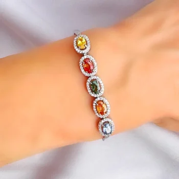 Genuine Rainbow Sapphire 5 Stone Halo Diana Style Silver Bracelet
