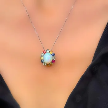 Natural Opal and Rainbow Sapphire Halo Pendant in 925 Sterling Silver – October Birthstone