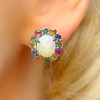 Natural Opal and Rainbow Sapphire Halo Stud Earrings in 925 Sterling Silver – October Birthstone