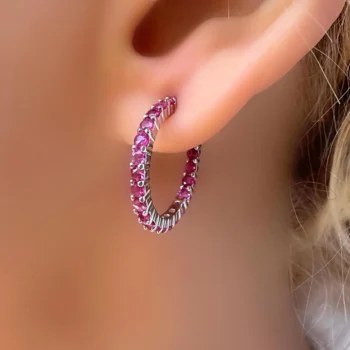 Genuine AA Ruby Studded Hoop Silver Earrings