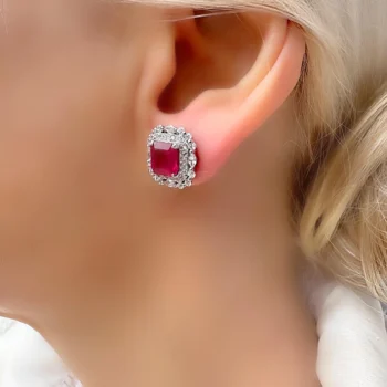 Genuine Ruby Octagonal Halo Silver Stud Earrings