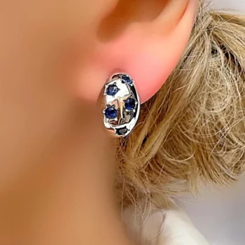 Genuine Ceylon Blue Sapphire Studded Half Hoop Silver Earrings