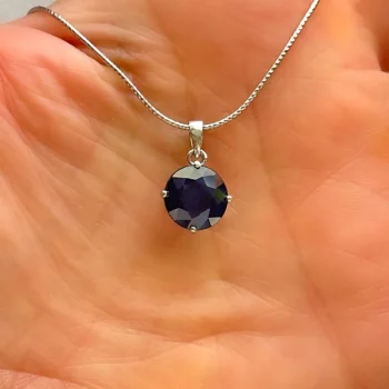 Genuine Natural Sapphire Round 9 mm Solitaire Silver Pendant Necklace