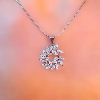 Genuine White Topaz Marquise Set Wreath Silver Pendant Necklace