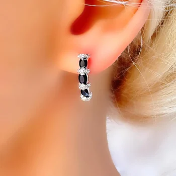 Genuine Sapphire 3 Stone Half Hoop Sterling Silver Earrings