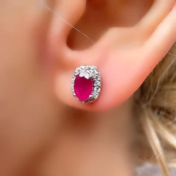 Genuine Ruby Oval Halo Silver Stud Earrings – July Birthstone