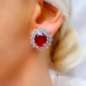 Genuine Ruby and Double Halo White Topaz Large Oval Silver Stud Earrings, Lever Backs