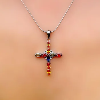 Genuine Rainbow Sapphire Multi Sapphire Cross Silver Pendant Necklace