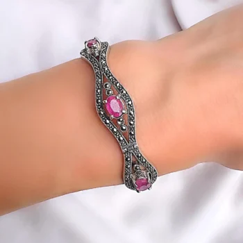 Genuine Ruby & Swiss Marcasite Sterling Silver Art Deco Bangle Bracelet – July Birthstone