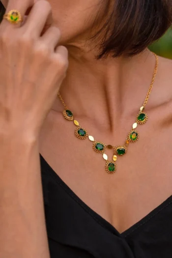 14K Solid Gold Green Stone Filigree Necklace – Handmade Gemstone Necklace