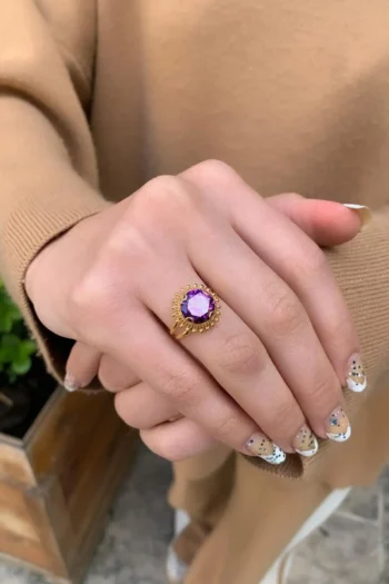 14K Solid Gold Purple Stone Filigree Ring – Handmade Gemstone Ring