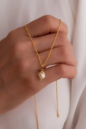 14K Solid Gold White Caged Necklace – Minimalist Pendant Necklace
