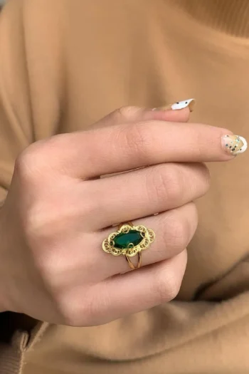14K Solid Gold Green Stone Ring – Handmade Filigree Ring