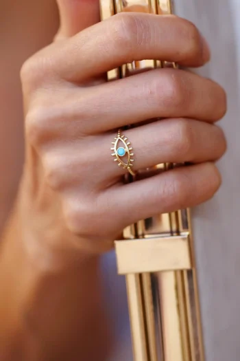 14K Solid Gold Eyelash Ring – Turquoise Evil Eye Ring