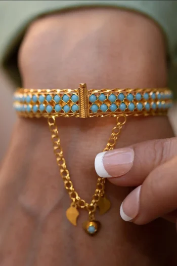 14K Solid Gold Turquoise Handmade Bangle – Traditional Assyrian Filigree Cuff Bracelet