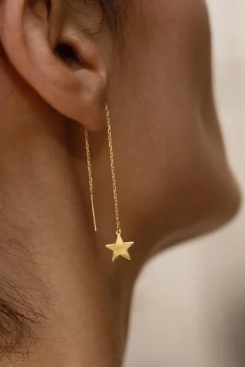 14K Solid Gold Tiny Star Threader Earrings – Long Chain Earrings