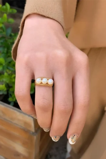 14K Solid Gold Three Ball Pearl Ring