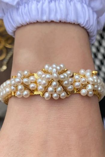 14K Solid Gold Pearl Filigree Bangle – Handmade Pyramid Cuff Bracelet