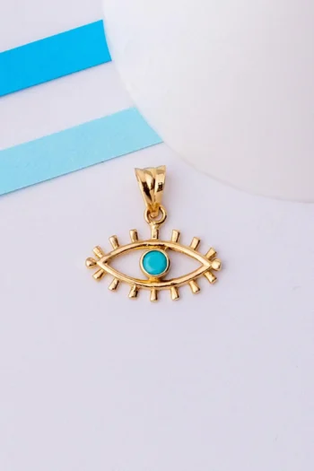 14K Solid Gold Evil Eye Pendant – Turquoise Eyelash Luck Charm