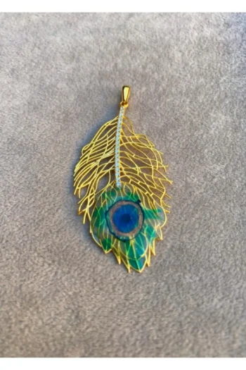 14K Solid Gold Peacock Pendant – Handmade Colourful Pendant