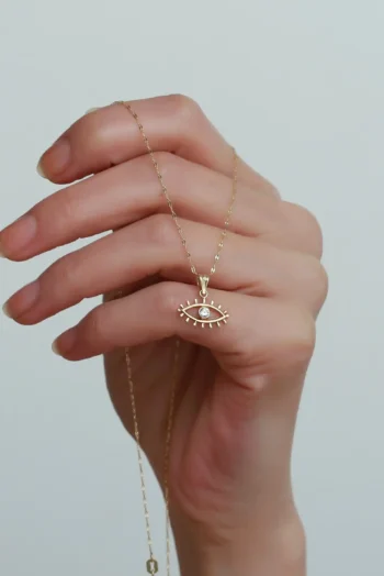 14K Solid Gold White Evil Eye Necklace – Eyelash Charm Pendant