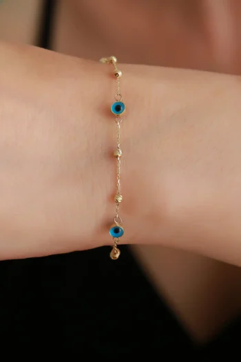 14K Solid Gold Dorica Beaded Chain Bracelet – Tiny Evil Eye Ball Bracelet