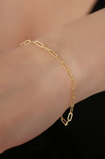 14K Solid Gold Dainty Paperclip Chain Bracelet – Elongated Oval Link Bracelet