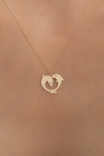 14K Solid Gold Heart Dolphin Necklace – Minimalist Dolphin Pendant