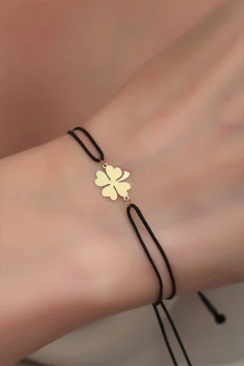 14K Solid Gold Tiny Clover String Bracelet – Minimalist Lucky Charm Bracelet