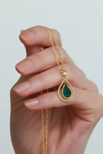 14K Solid Gold Green Framed Necklace – Rope Chain Pendant