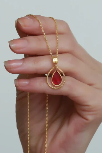 14K Solid Gold Red Framed Necklace – Rope Chain Pendant Necklace