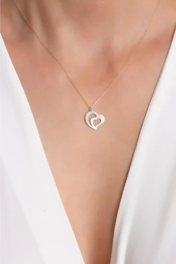 14K Solid Gold Soft Double Heart Necklace – Minimalist Love Pendant
